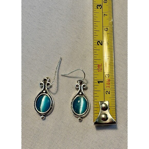 Silver Filigree Teardrop Earrings Blue Cat’s Eye Glass Boho Vintage Style Jewelr - Picture 3 of 4